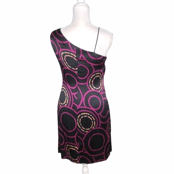 Trina Turk 100% silk one-shoulder black purple dress LBD fringe faux wrap 4 - Picture 8 of 13